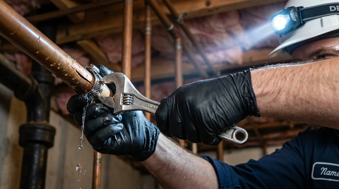 Emergency pipe clamp repair being performed by a Johns Plumbing LLC plumber in Tavares
