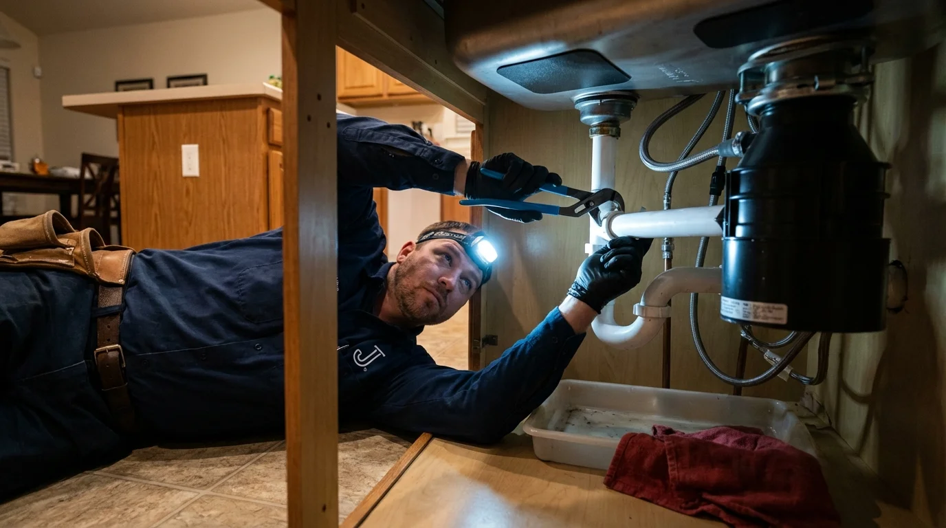P-trap and supply line connections under a kitchen sink showing a common leak point in Tavares, FL